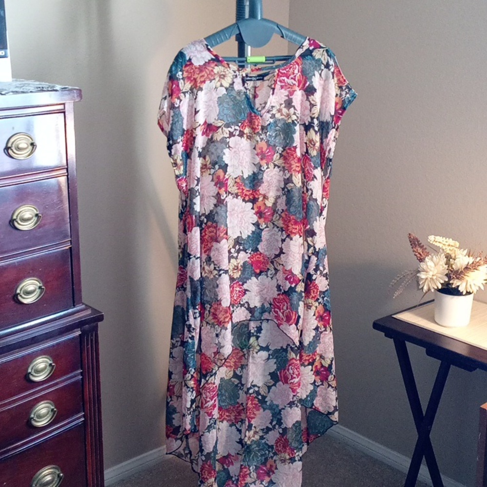 CHA CHA VENTE Floral Print Glitter Women's Long Top Blouse Tunic Coverup L